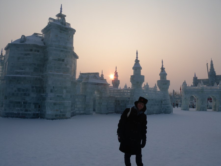 sunset over ice sculpture