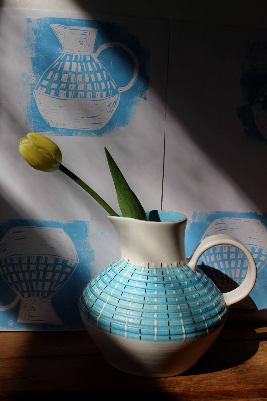 Denby jug and linocuts