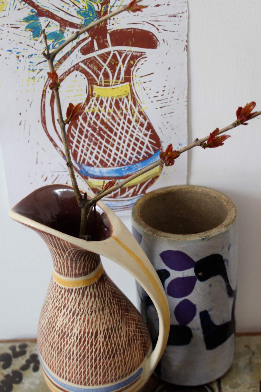handmade and vintage pots, lilac from the garden and linocut